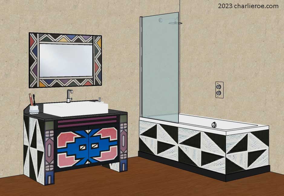 New African style stepped painted bathroom vanity unit with matching shower bath panels with Ndebele patterns design & matching wall mirror