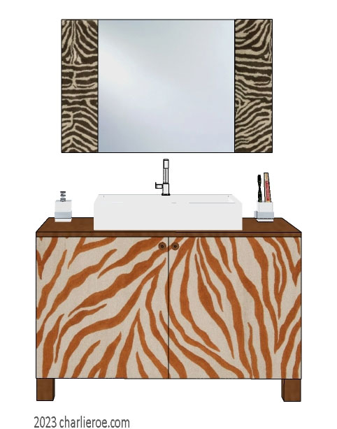 New African style painted bathroom 2 door vanity unit with stylised Zebra skin patterns design & matching wall mirror