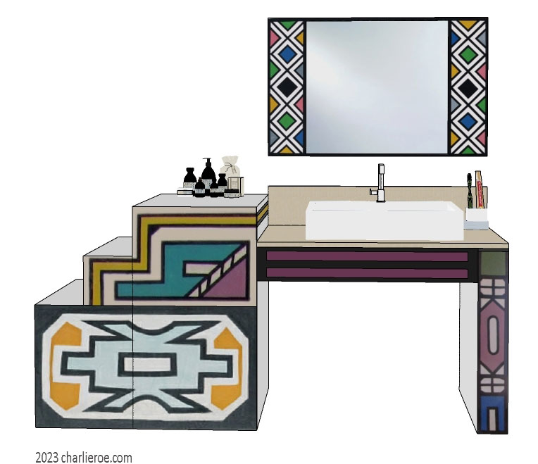 New African style painted bathroom vanity unit with Ndebele patterns designs & matching wall mirror