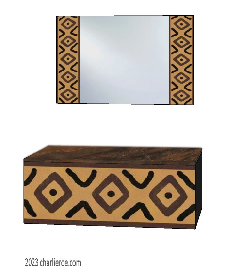 New African style wall hung cabinets & console tables & matching wall mirrors painted with African abstract patterns