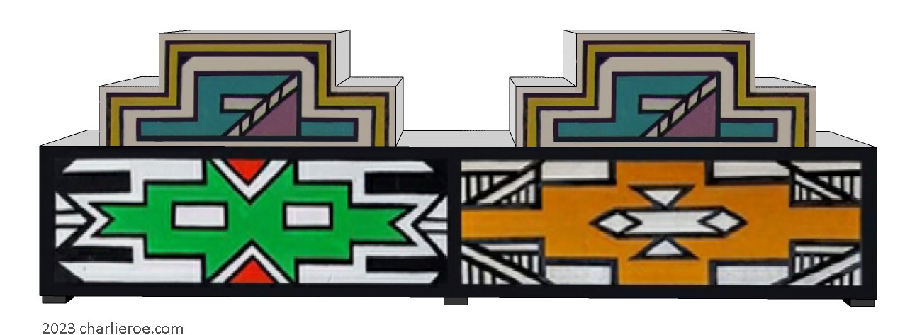 New African style stepped low long sideboard cabinet painted with Ndebele patterns design