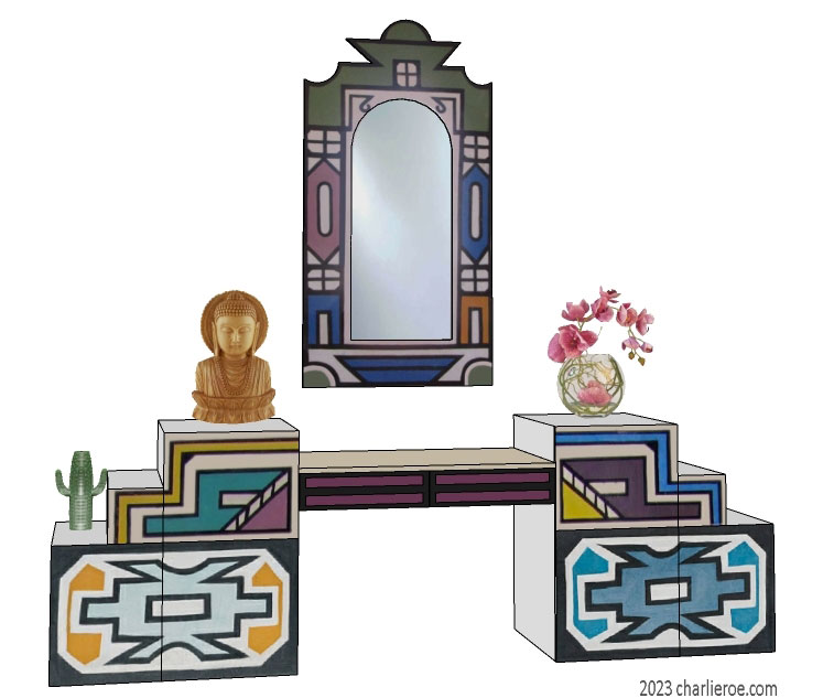 New African style stepped low long sideboard cabinet painted with matching wall mirror and with Ndebele patterns design