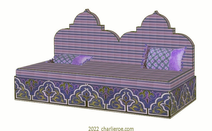 new arab style decoratively painted Majlis floor sofa with high back upholstered in the shape of a double domed mosque