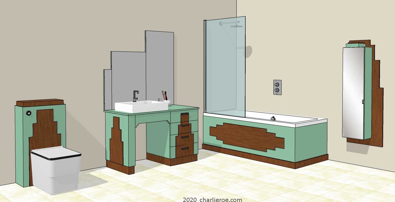 New Art Deco Skyscraper style lacquered, wood or veneered bathroom furniture including a vanity unit, WC with concealed cistern & stepped dressing mirror and matching bath panels