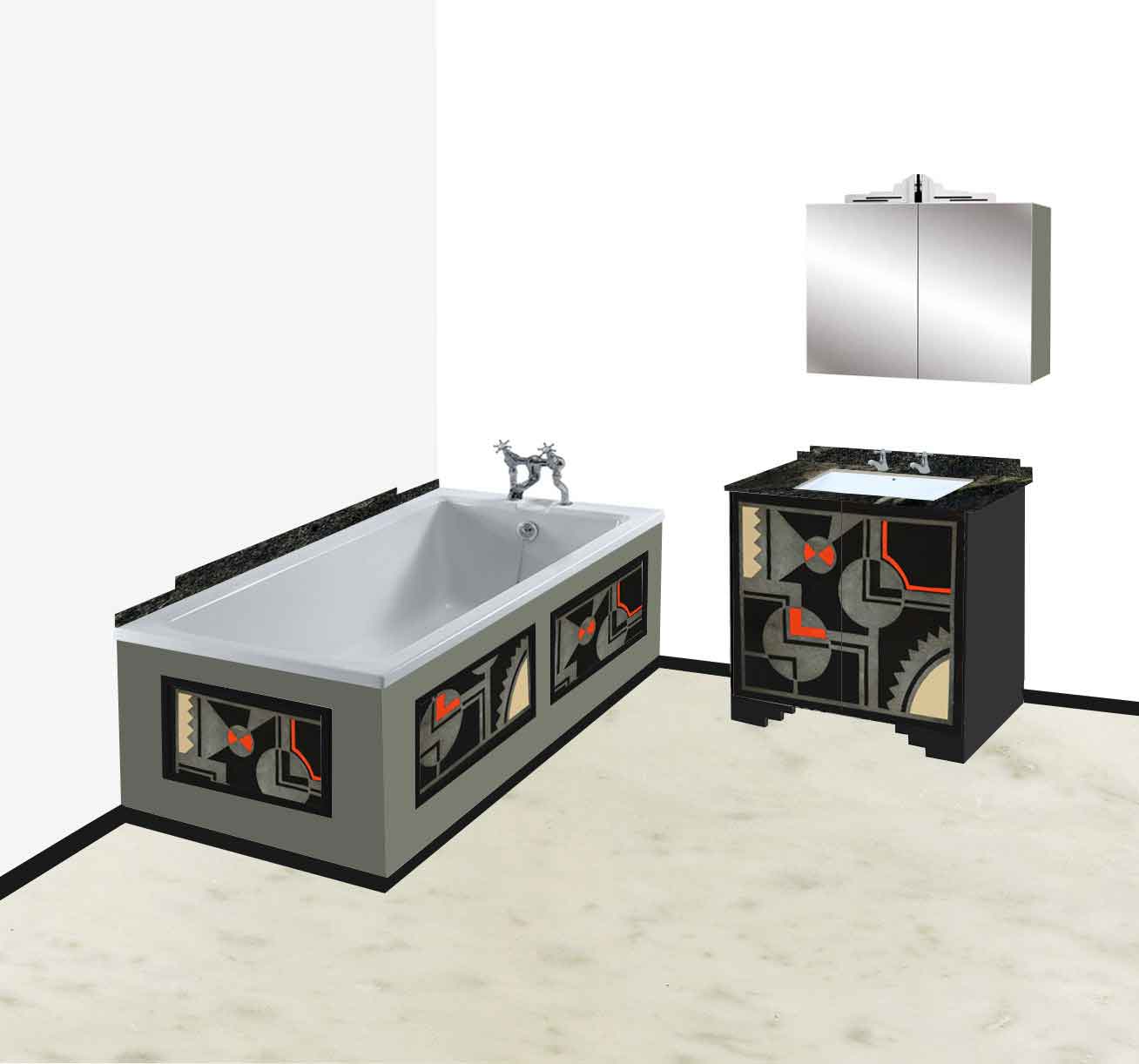 new Art Deco graphic Abstract Cubist painted bathroom vanity unit & wall mirror & matching bath panels