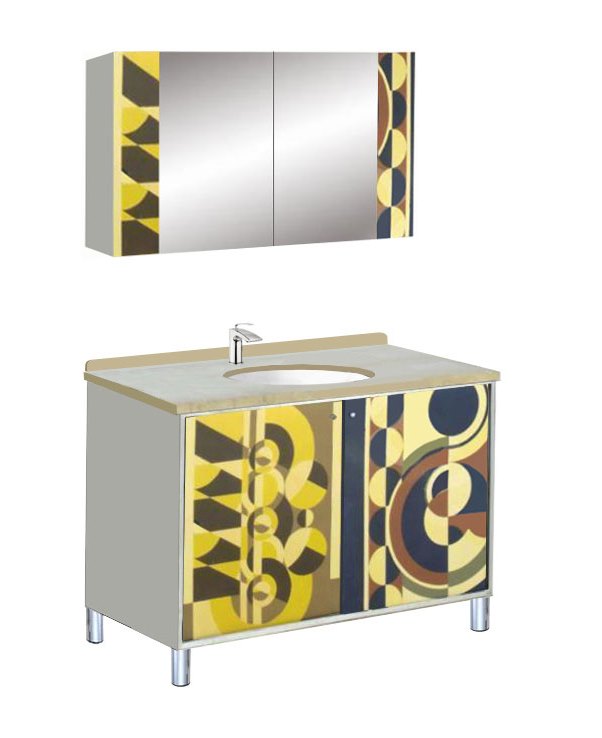 new Art Deco bathroom with Rene Herbst style Abtract Cubist painted designs stepped vanity units & wall mirror unit