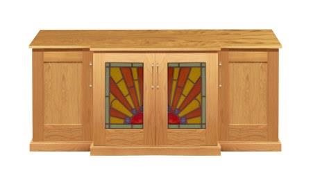 New Art Deco oak 4 door breakfront bathroom vanity unit with rising sun stained glass panels