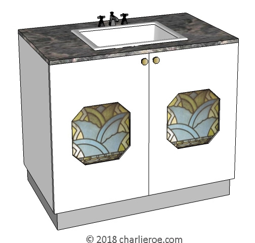 New Art Deco lacquered painted 2 door vanity unit with octagonal stained glass door panels