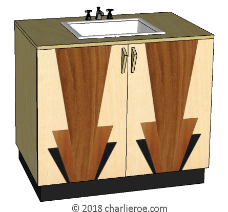 New Art Deco marquetry veneered 2 door bathroom vanity unit cupboard with a typical Deco design on the doors
