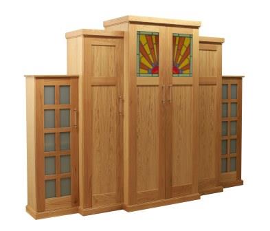new Art Deco Skyscraper style stepped breakfront 6 door oak bedroom wardrobes with stained glass panels furniture