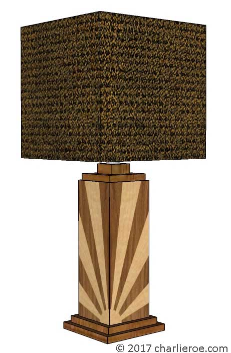 New Art Deco Skyscraper style stepped marquetry veneered table lamp with Rising Sun design