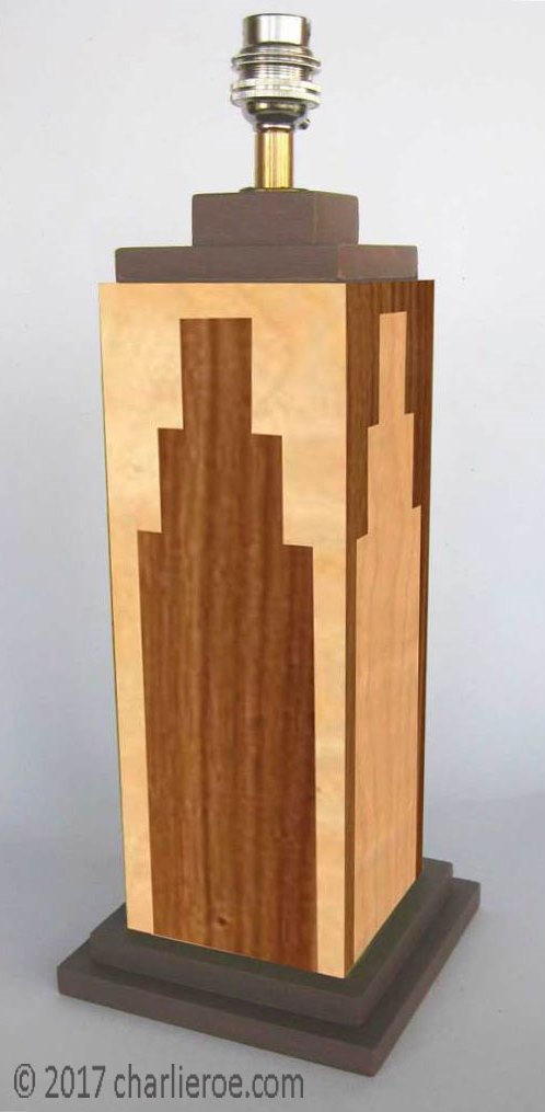 A pair of New Art deco Skyscraper style stepped table lamp base stands in marquetry wood veneer