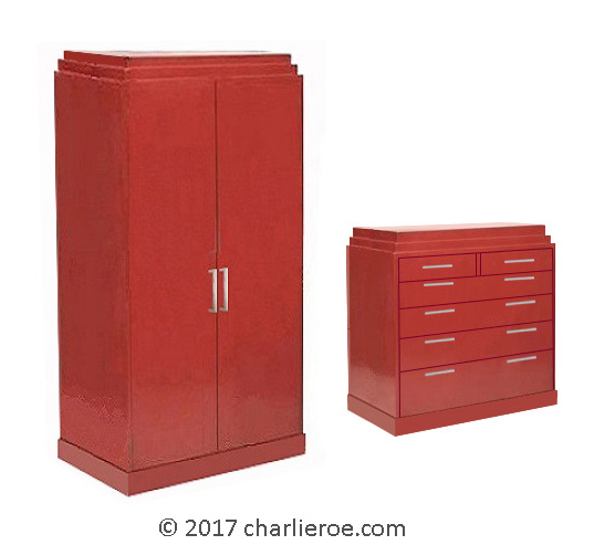 new Paul Frankl Art Deco Skyscraper style bedroom 2 door wardrobe & 6 drawer chest of drawers in red painted finish