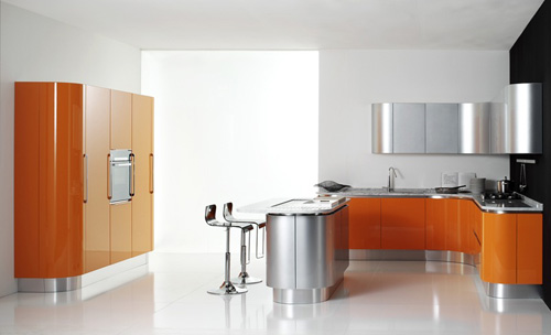 Art Deco kitchen in orange & aluminium & lots of curves 