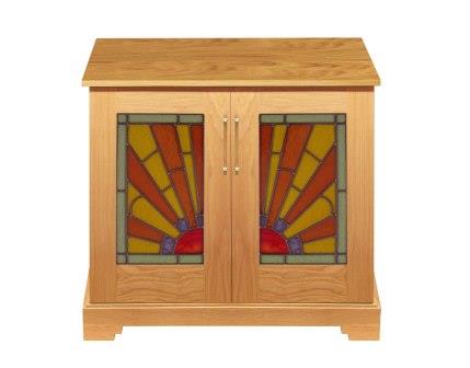 new Art Deco oak 2 door storage cabinet cupboard with stained glass panels