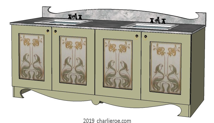 new Art Nouveau Jugendstil painted 4 door bathroom vanity unit cupboard cabinet with decoratively painted door designs