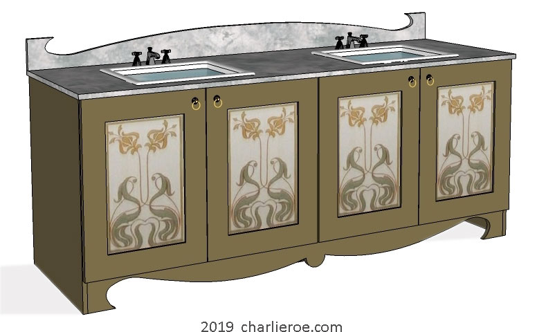 new Art Nouveau Jugendstil painted 4 door bathroom vanity unit cupboard cabinet with decoratively painted door designs