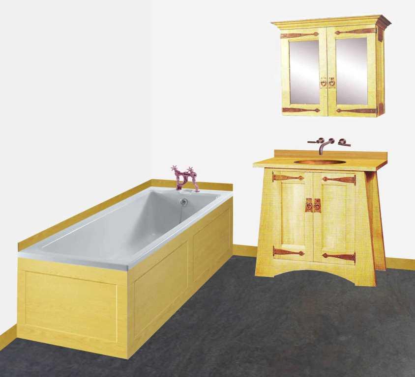 CFA Voysey Arts & Crafts Movement Oak bathroom vanity unit & mirror wall unit & built-in bath furniture