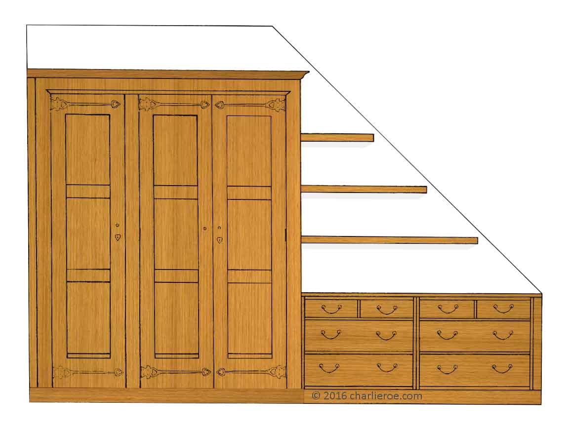 new CFA Voysey Garden Corner  Arts & Crafts Movement style painted bedroom 4 door built-in wardrobe & chests of drawers & shelves