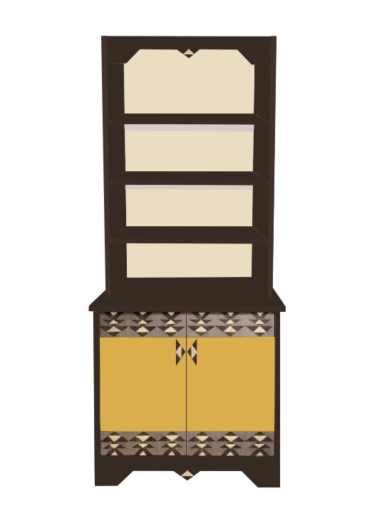 New Frank Lloyd Wright Mayan style painted bookcase cabinet cupboard with Mayan designs on the 2 doors