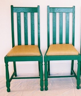 new Arts & Crafts Movement Mission style green painted wooden dining side chairs
