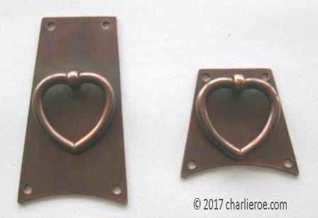 new CFA Voysey Arts and crafts Movement antique copper strap handles for an oak fitted kitchen furniture