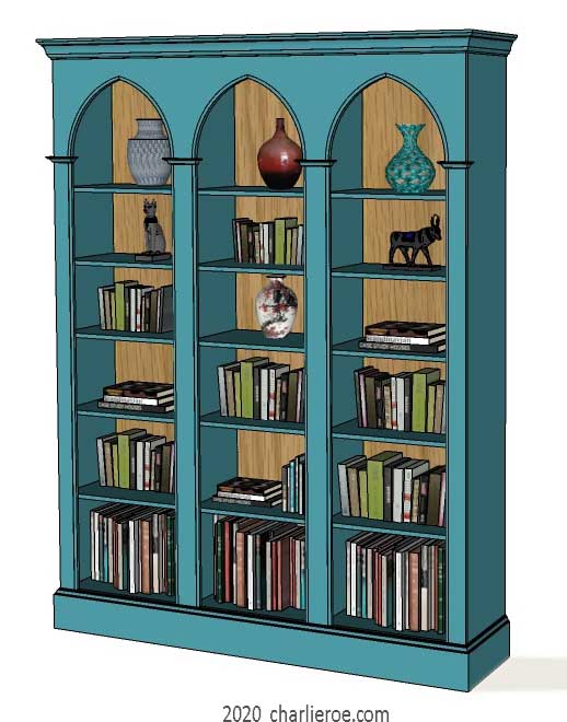 new William Wm Morris & Co Arts & Crafts Movement Artisan triple bay wooden double bay bookcase