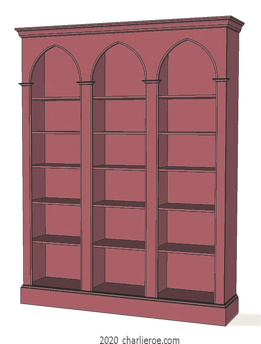 new William Wm Morris & Co Arts & Crafts Movement Artisan triple bay dull red painted bookcase