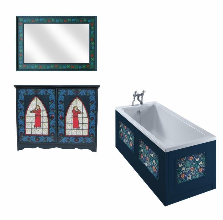 Wm Morris Arts & Crafts Movement blue painted bathroom vanity unit wall mirror & bath panels furniture