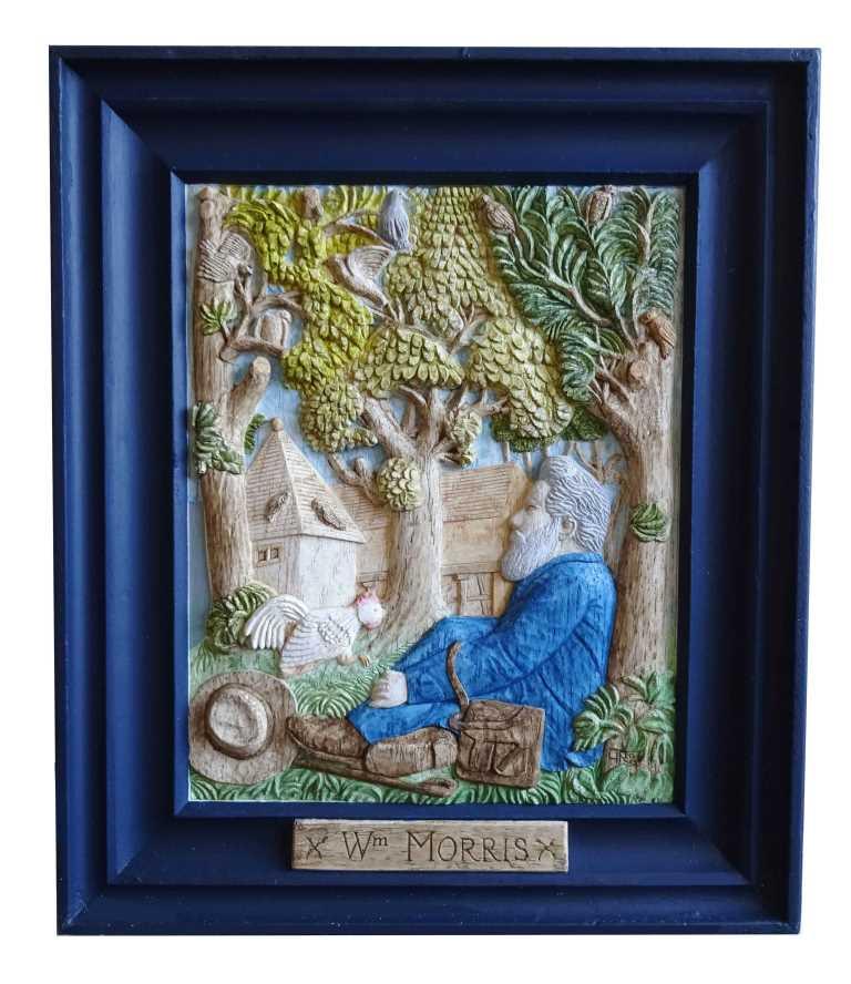 new William Wm Morris & Co Arts & Crafts Movement carved plaque of 'Morris in the Home Mead'