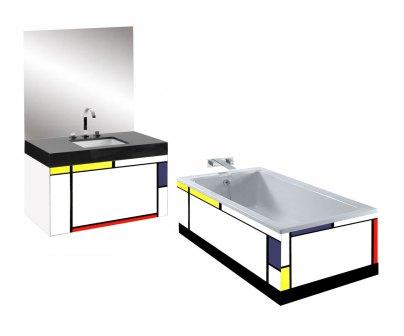 Piet Mondrian De Stijl style painted wall hung vanity unit & mirror wall unit & bath panel & radiator bathroom interior
