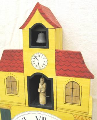 C18th Black Forest Wall clock, of painted monastery with monk ringing bell folk Art Plaque