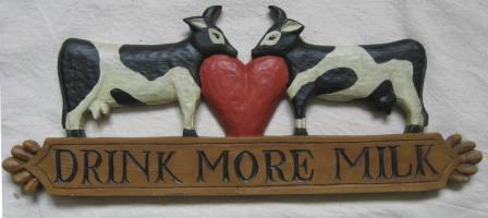 2 cows drink more milk painted carved folk Art Plaque