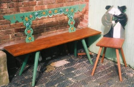 Painted 18th century European German farm bench & chair folk furniture
