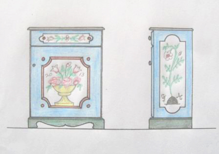 design for an ornate painted Austrian Tyrolean Baroque cupboard folk furniture Bauern mobel