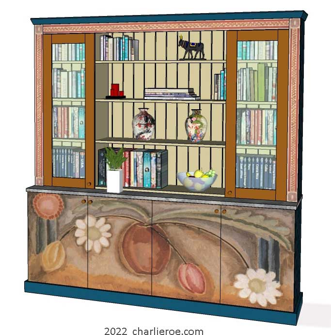 New Bloomsbury Group style painted 4 bay media center bookcase with decorative painting of vase of flowers by Vanessa c.1917