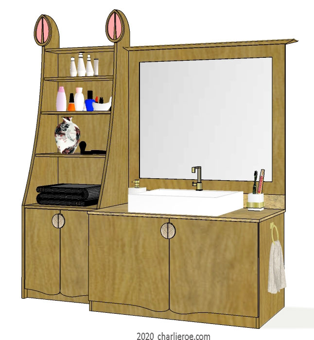 new Charles Rennie CR Mackintosh style medium oak wood 2 door bathroom vanity unit and large mirror & integrated display/storage unit with carved finials