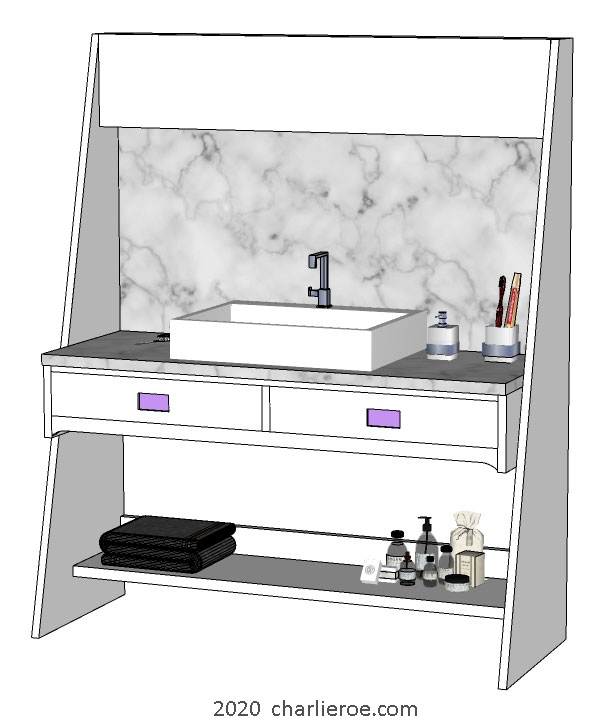 New CR Mackintosh freestanding bathroom vanity unit washstand in White lacquered painted finish with Carrera marble splashback & worktop