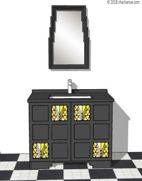 CR Mackintosh Derngate style black painted bathroom 2 door vanity unit & bath panels with stained glass panels