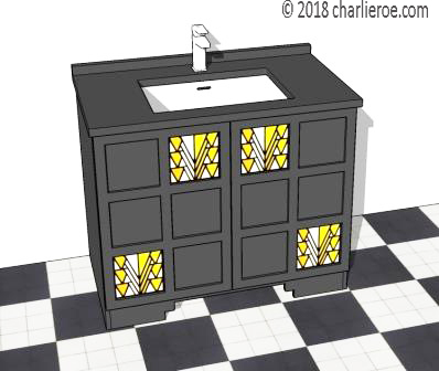 CR Mackintosh Derngate style black painted bathroom 2 door vanity unit with yellow stained glass panels