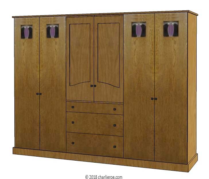 new CR Mackintosh oak wood finish 6 door bedroom wardrobes or media unit with stained glass panels and built-in chest of drawers and central shaped top doors