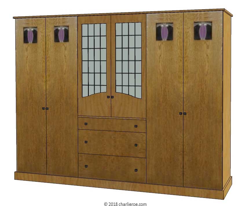 new CR Mackintosh oak wood finish 6 door bedroom wardrobes or media unit with stained glass panels and built-in chest of drawers and central shaped top doors with opaque leaded glass