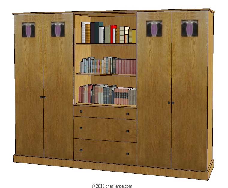 new CR Mackintosh oak wood finish 6 door bedroom wardrobes with stained glass panels and built-in chest of drawers and central bookshelves