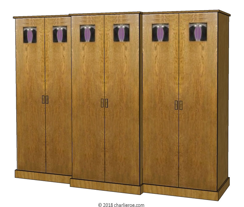 new CR Mackintosh oak wood finish 6 door breakfront bedroom wardrobes with stained glass panels