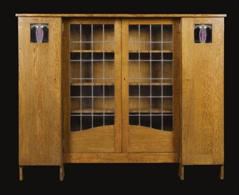 CR Mackintosh oak wood finish freestanding display cabinet bookcase with stained glass panels