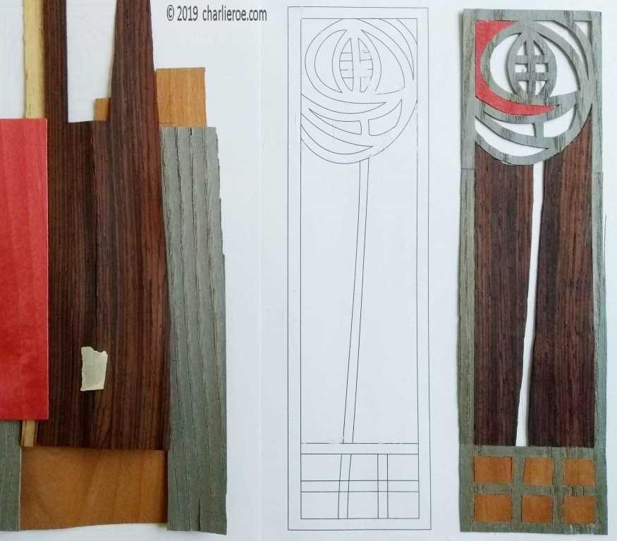 New Charles Rennie CR Mackintosh rose & squares design marquetry veeneered panel