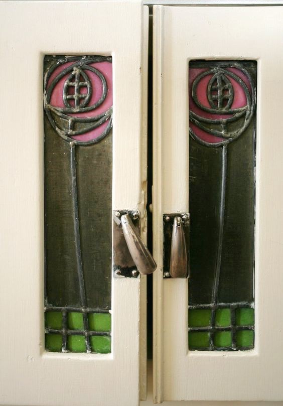 New Charles Rennie CR Mackintosh rose & squares design stained glass panels in a painted white washstand at Hill House