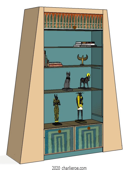 New Egyptian Revival style painted bookcase with sloped pylon style sides and decorative Egyptian painting