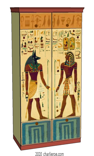New Egyptian Revival style painted 2 door bedroom wardrobes with decorative Egyptian painting
