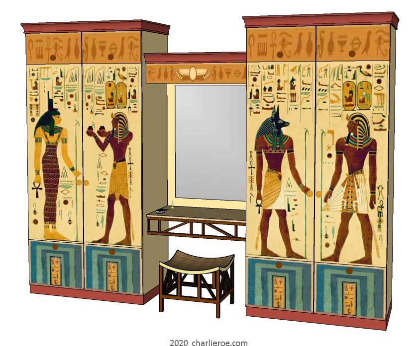 New Egyptian Revival style painted 2 door double bedroom wardrobes with dressing table in between and decorative Egyptian painting